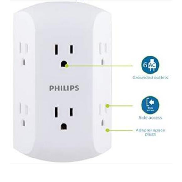 PHILIPS WALL ADAPTER EXTENDER FOR 6 GROUNDED AC OUTLETS WHITE 2-PACK NEW - Picture 1 of 5